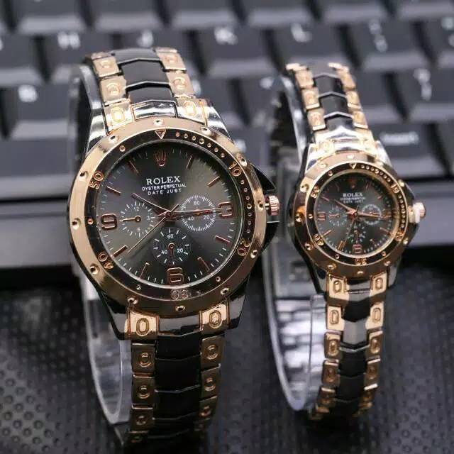JAM TANGAN ROLEX COUPLE HITAM GOLD SUDAH SEPASANG