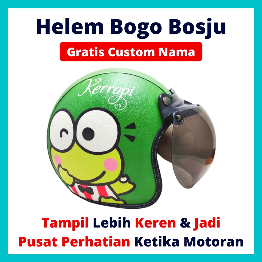 HELM BOGO RETRO KULIT WANITA DEWASA KACA DATAR CLASSIC MOTIF KEROPPI IJO LUCU SNI - HELEM BOGO BOSJU