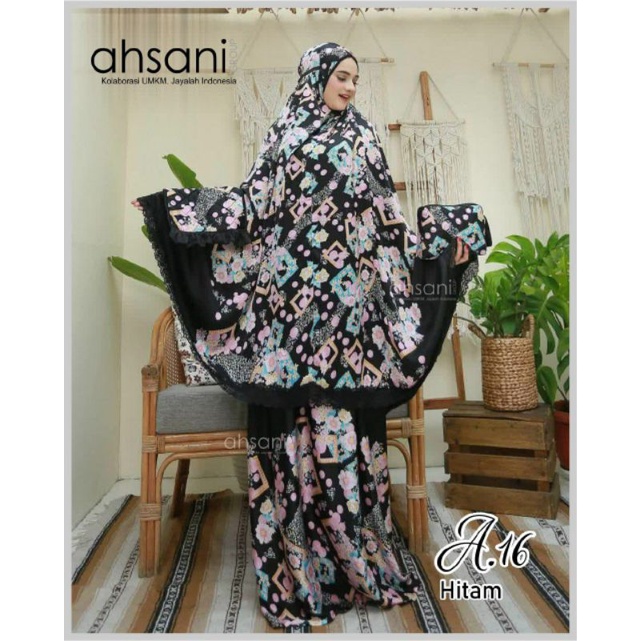 Mukena Dewasa A16 Hitam By Ahsani Bahan Armani Ori Halus Lembut Jumbo Ringan Adem Dingin Nyaman Ada 