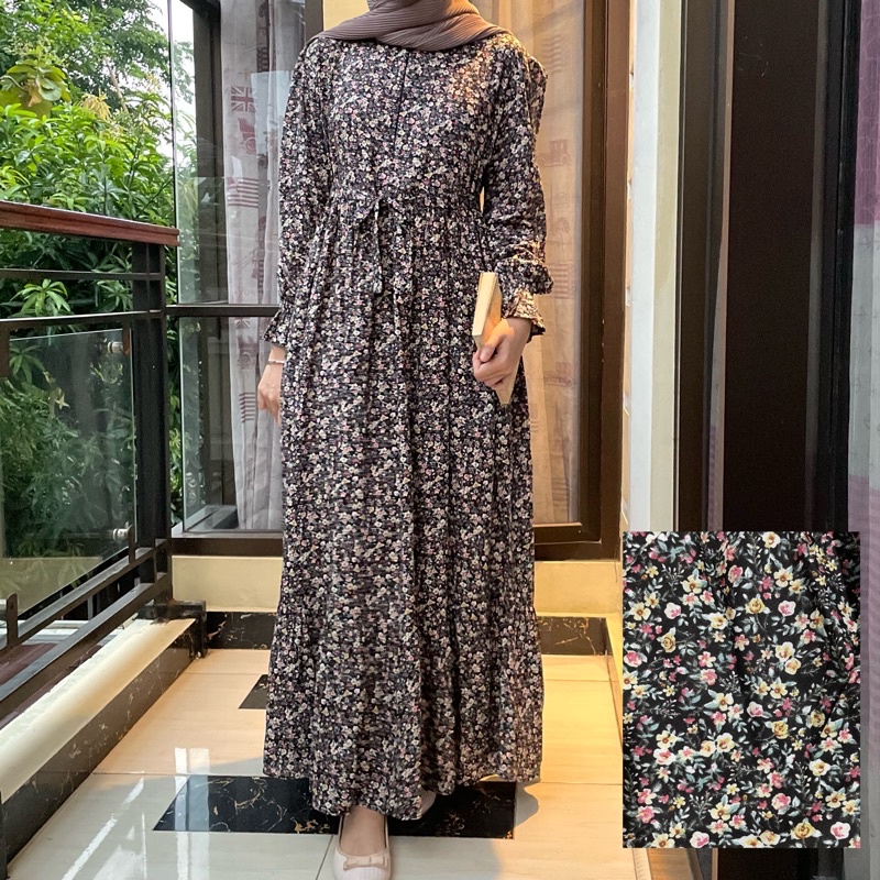 [SIZE STANDAR VOL 1] Floral dress maxi dress panjang gaun casual bunga wanita-Black flower red