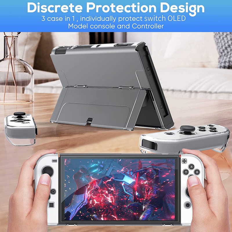 Ns Hard Case Pc Transparan Cover Proteksi Joystick Joy-Con Nintendo Switch Oled 2021 Dengan Stand Flip