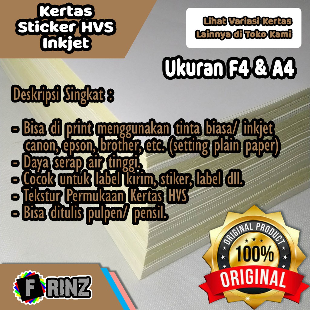 

Kertas Sticker HVS F4 A4 A5 A6 / Stiker Doff Matte / Stiker Inkjet / Matt Tidak Kilap High Quality 120 Gsm