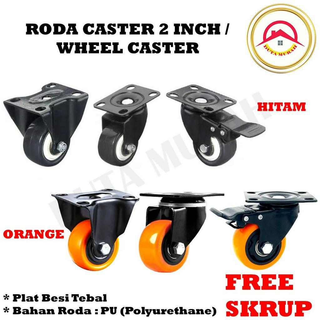 Roda Kastor /Castor/Caster 2 Inch Warna Orange dan Hitam Tebal Plus Rem / Castor Swifel Plate Etalase Troli