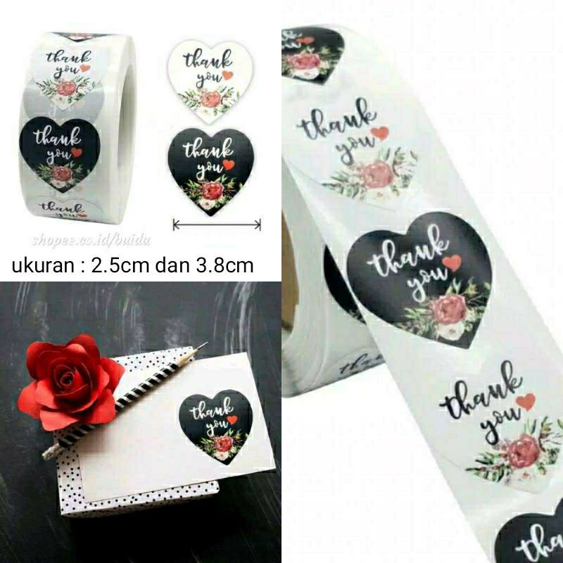 

1 roll 500pcs Stiker Sticker Thank You Black White Floral Heart Shape S166 S261 Segel Kemasan Dekorasi Hiasan Kartu tag label terima kasih bentuk waru hati love motif bunga dekorasi hampers sealer amplop parcel paperbag plastik cookies