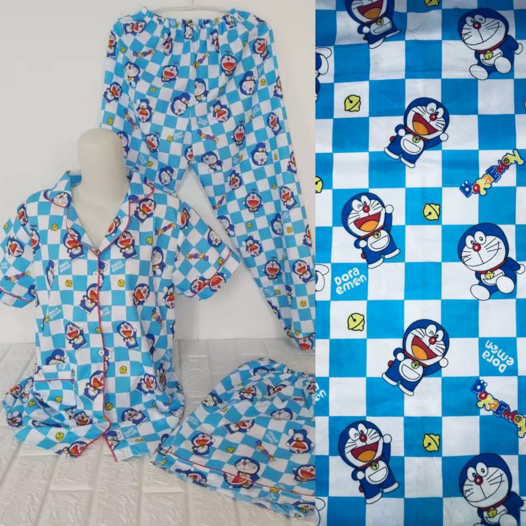 JNV Piyama CP 3in1 Wanita Motif Karakter Kartun 03 - Baju Tidur 3in1 - Bahan Katun-Emon Catur Biru
