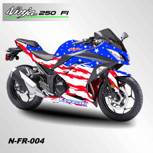 Sticker motor Decal Kawasaki Ninja 250 fi tema bendera amerika design bebas