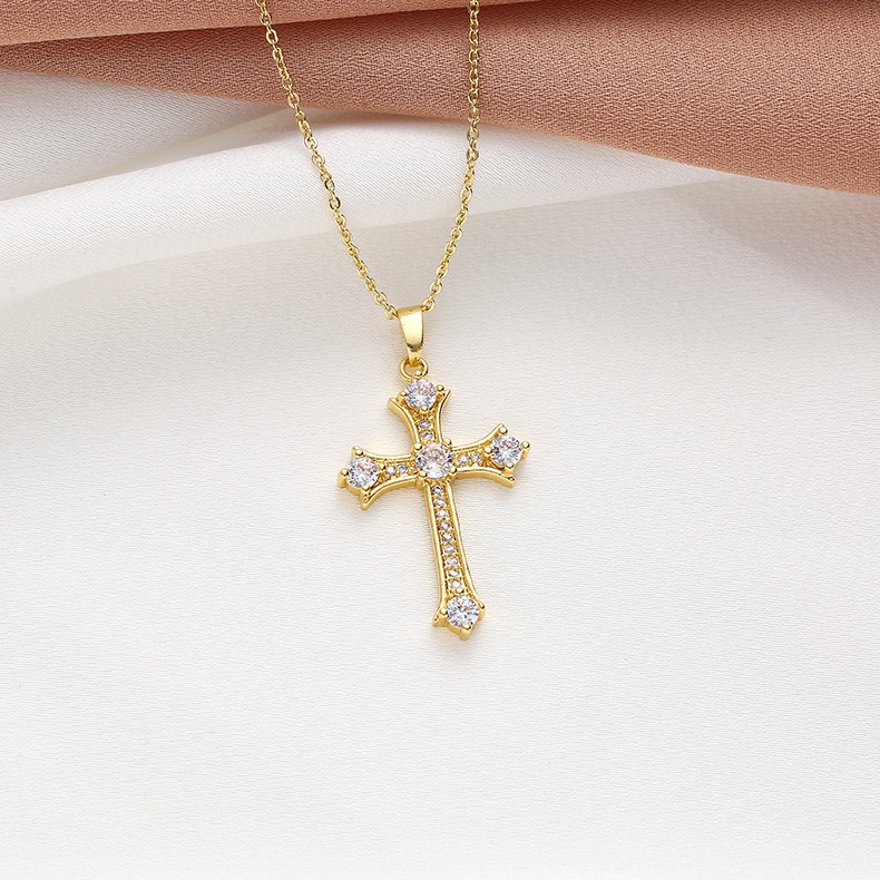 XiaoboACC Kalung Rantai Klavikula Desain Butterfly Cross Bahan Stainless Steel Lapis Emas Ukuran Untuk Wanita - 45CM+5CM