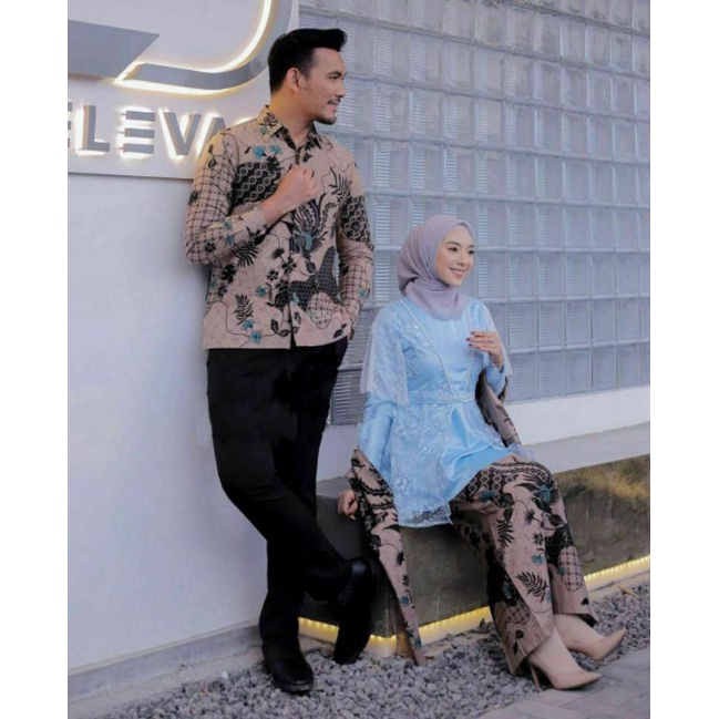 COUPLE DEVINDA 3 SETELAN BAJU BATIK SARIMBIT ANAK MUDA BROKAT TILLE MODERN MODIS BIRU MUDA ICE BLUE 