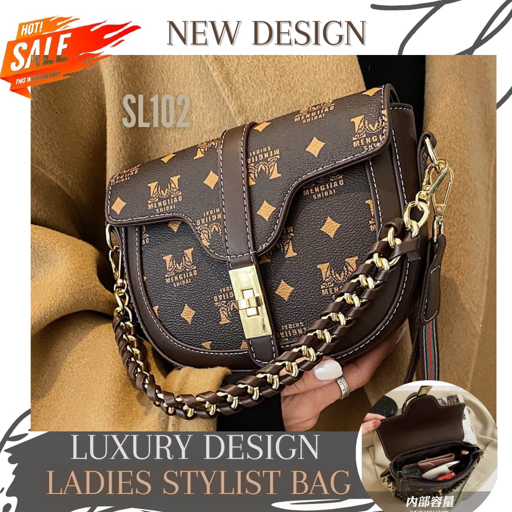 Tas Selempang Wanita Mewah Desain Elegan – Ladies Luxury Shoulder Bag Rantai Gold & Pola Monogram Pr