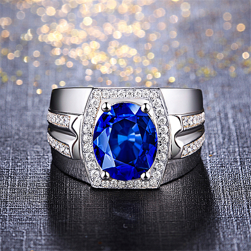 Cincin Berlian Platinum Safir Fashion Pria Perak Biru Kristal Rings