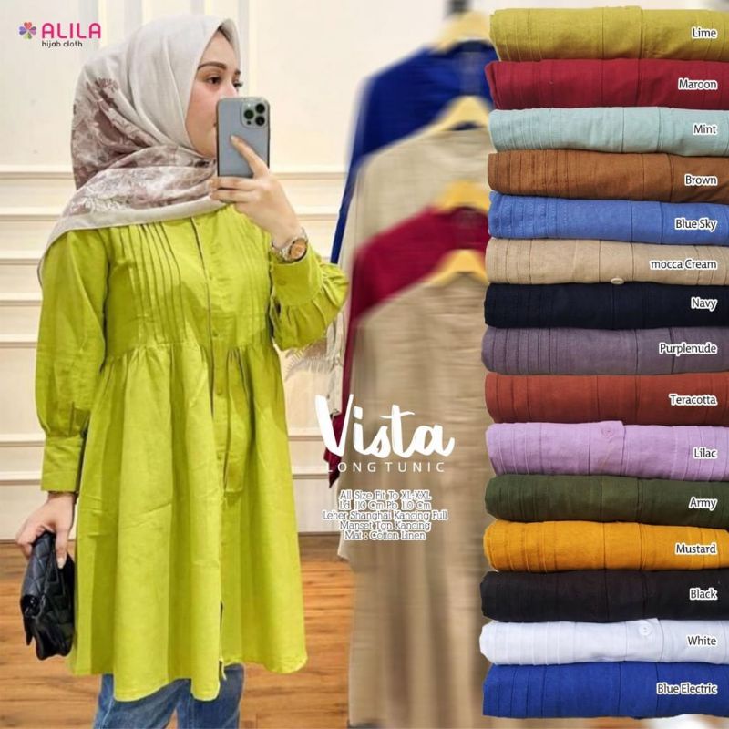 Dua Vista Kemeja Tunik Polos Putih Hitam Biru Elektrik Lime Lilac Katun Linen Ld 110 Jumbo Fit XXL B