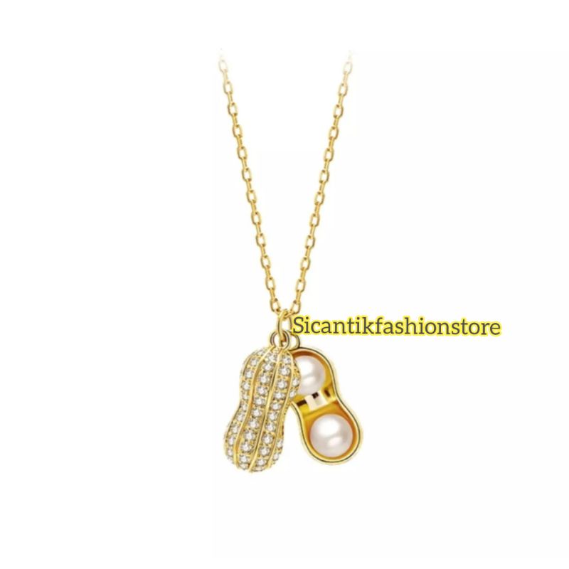 Kalung Titanium Liontin Gold Motif Kacang Fashion Wanita Terlaris Anti Karat Kalung Wanita Kekinian