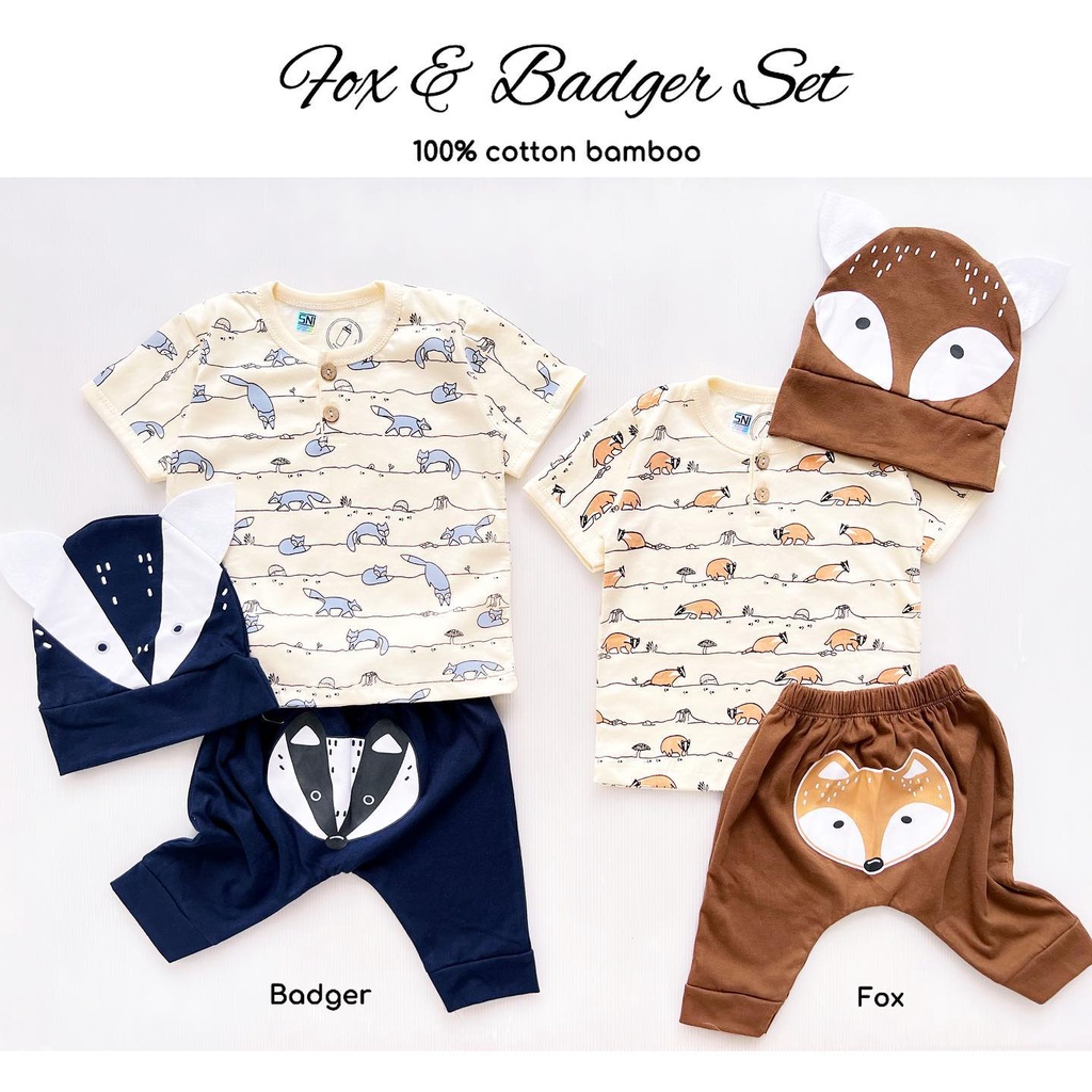 FOX AND BADGER SUIT by Babybeb (ber SNI) / BEAR CUB Baju Setelan Kaos Celana Pergi Jalan Lucu Fashion Anak Bayi Cowok Laki Terlaris Lucu