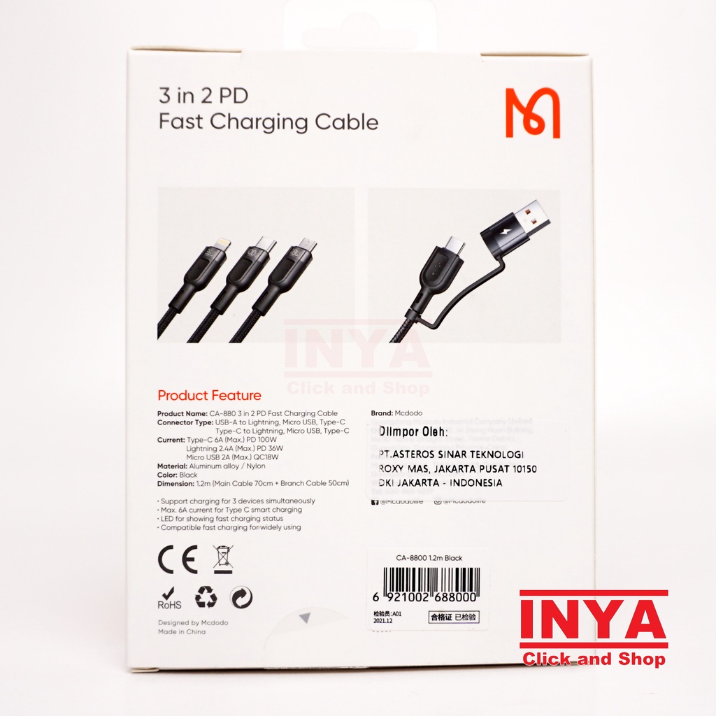 MCDODO CA-8800 3 in 2 PD FAST CHARGING CABLE 1.2m - Kabel Data Multi Fungsi