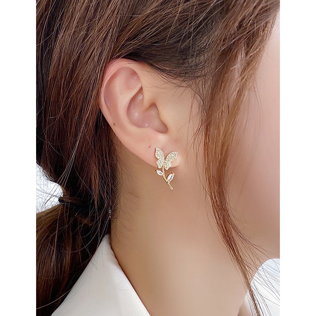 LRC Anting Tusuk Fashion Golden Gold-plated Copper Earrings With Zircon And Butterfly P59544