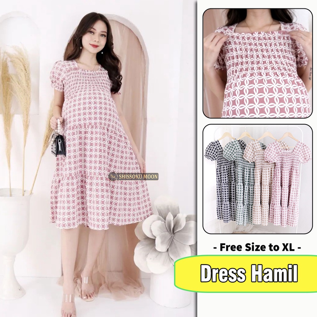 Baju Dress Hamil Model Casual Bahan Cey Crinkle Motif Smoky - Xielyn