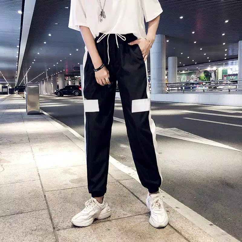 TBI Celana Joger Unisex Stripe White Cross Jogger Harajuku List Sport Korean Style BTS EXO