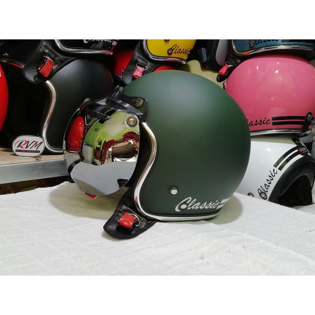 HELM BOGO CLASSIC CHROME HIJAU DOFF KACA CEMBUNG SILVER