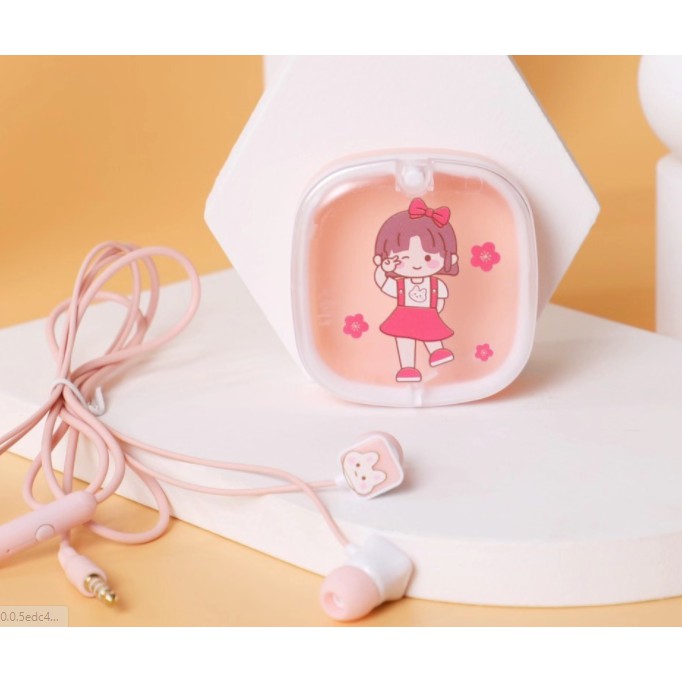 [XY-51] Set Headset Earphone Kartun Anak Perempuan NICE HOLIDAY / Wadah Earphone Kotak Transparan