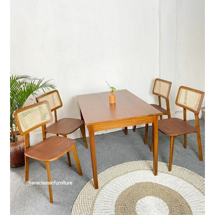 KURSI MEJA MAKAN ROTAN CAFE RETRO MINIMALIS RESTO 1 SET KAYU JATI VINTAGE FURNITURE MURAH DINNING CHAIR RUANG TAMU UNIK ANTIK