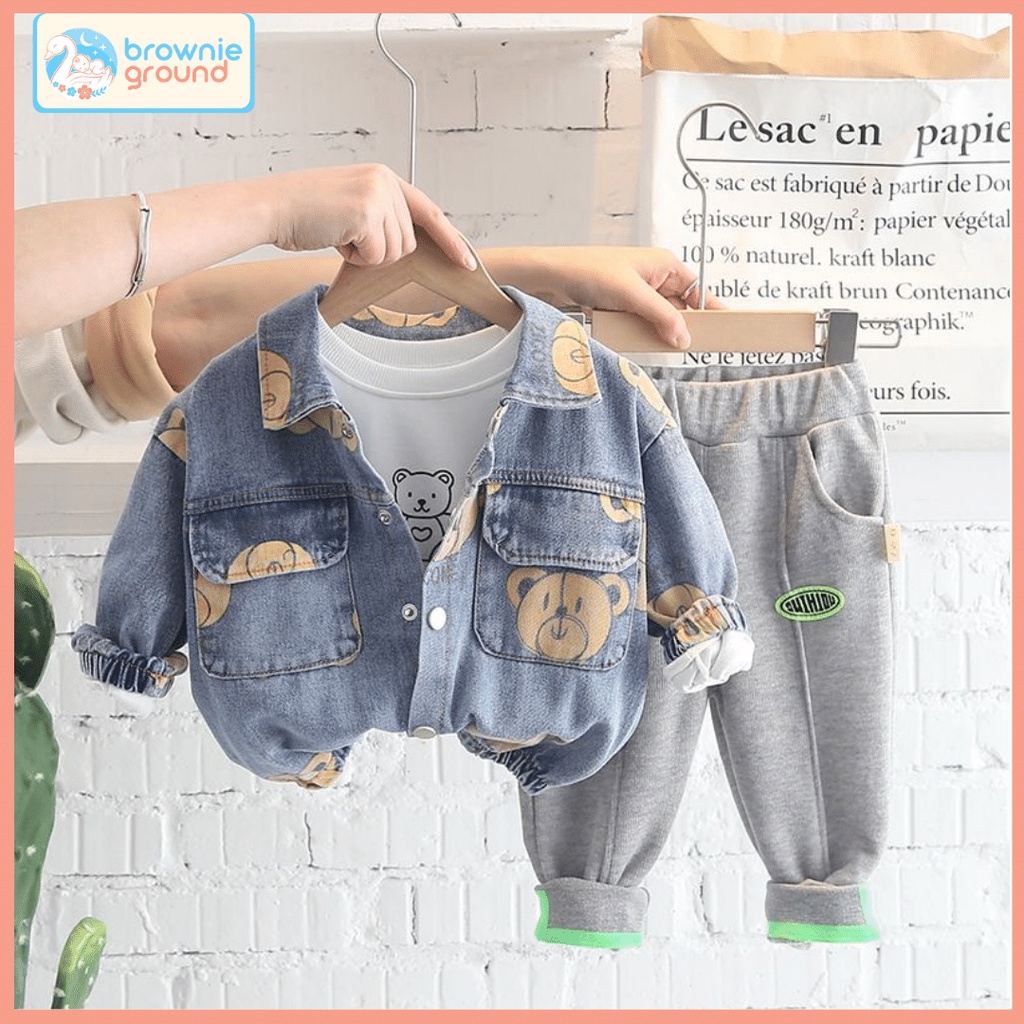 [COD]  Setelan anak laki laki motif BEAR DENIM 0-5 Tahun Baju 3in1 baju impor premium