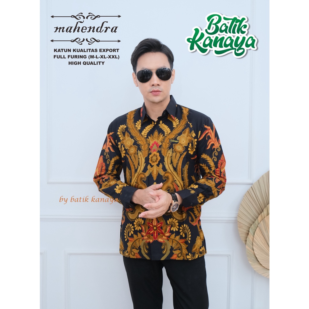 Kanaya Baju Batik Pria Lengan Panjang Modern Full Furing Kualitas Ekspor MAHENDRA Warna Dasar Navy Dongker