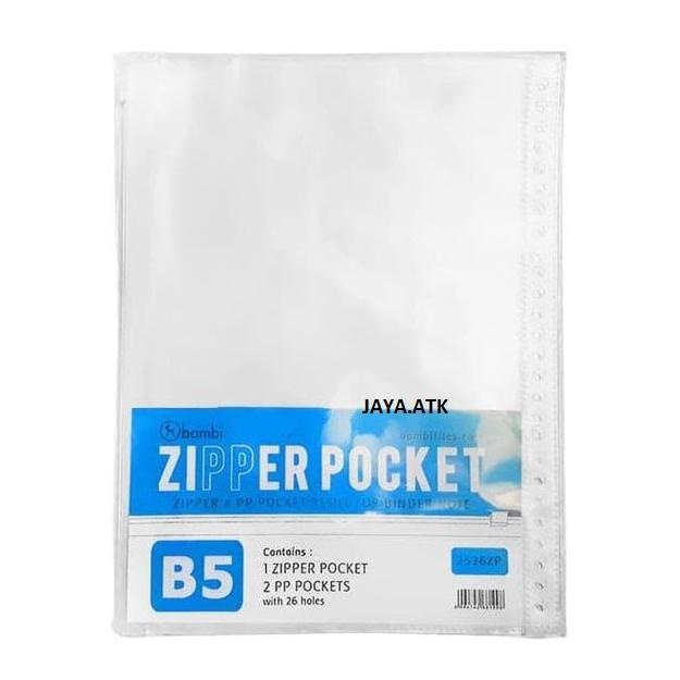 

[PRODUK 89AYV] MAP PLASTIK ZIPPER POCKET ZIP BAG SLETING B5 26 RING MULTIHOLES BENING TRANSPARANT 2526ZP BAMBI SHV