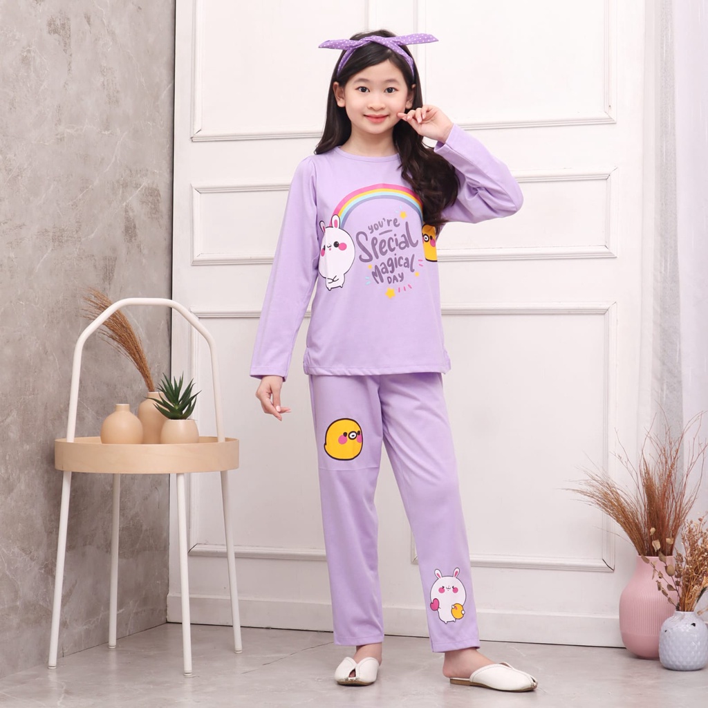 Baju Tidur Kaos Anak Perempuan/Piyama Panjang Umur 3 -12 tahun/Setelan Piama Anak Cewek