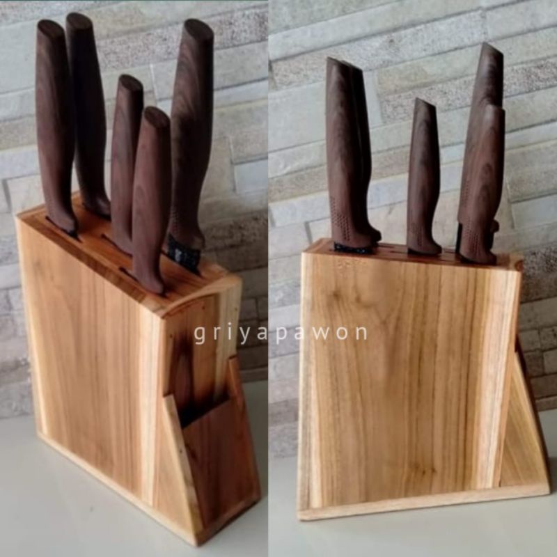 Rak pisau gunting set tempat pisau dapur wadah pisau kayu jati