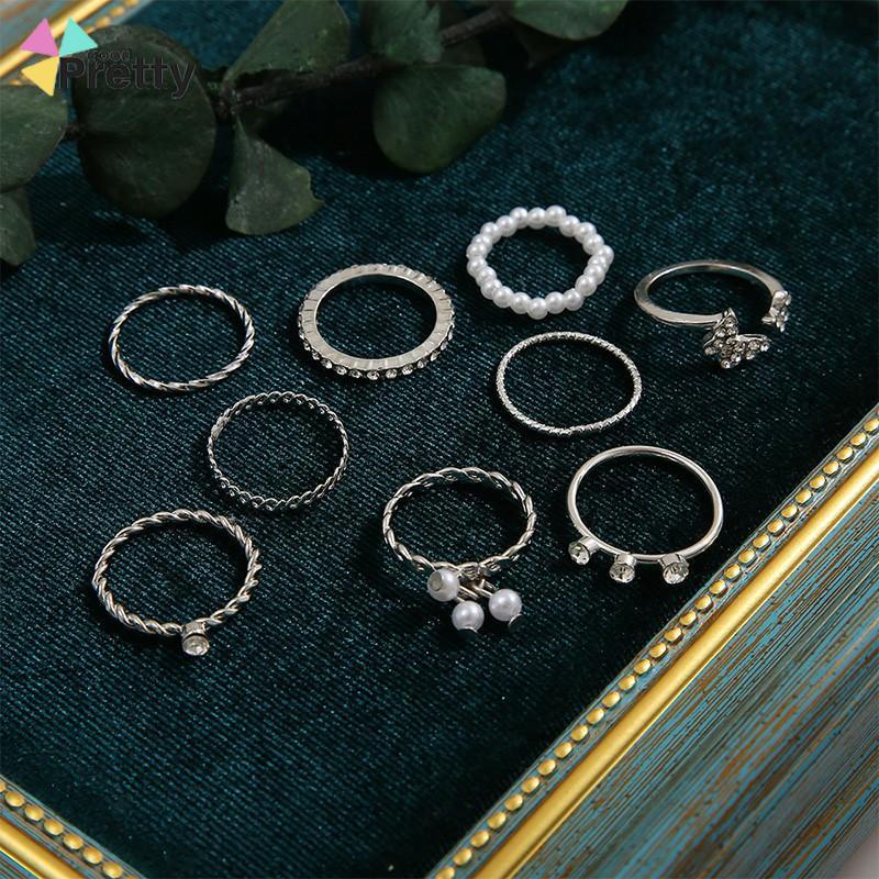 9PCS Set Cincin Wanita Tipis Berongga cincin Mutiara Kristal Kupu-kupu Berlian Premium Knuckle Ring