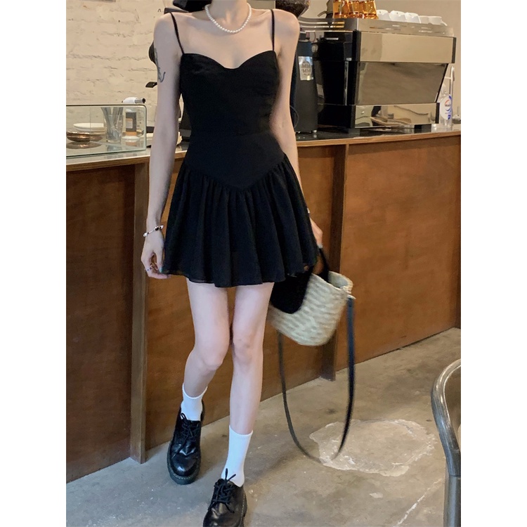 Suhao hitam v-neck suspender dress wanita musim panas gaun hitam kecil terbuka kembali tanpa lengan