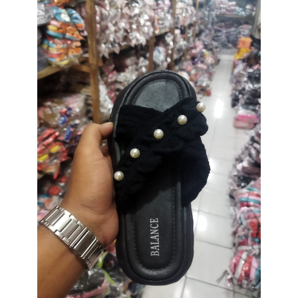 sandal selop jelly wanita dewasa korean style tali silang kain mutiara import 000 (36-41) sandal slip on kekinian