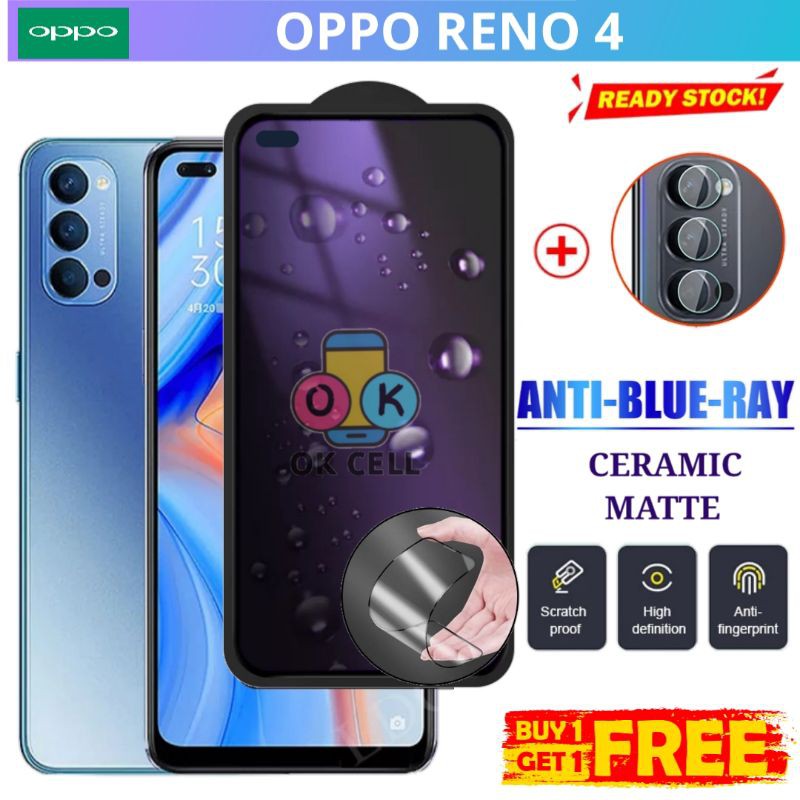 2in1- Tempered Glass TG Ceramic Anti Blue Matte Light Oppo Reno 4 Versi Indo Anti Gores Full Layar
