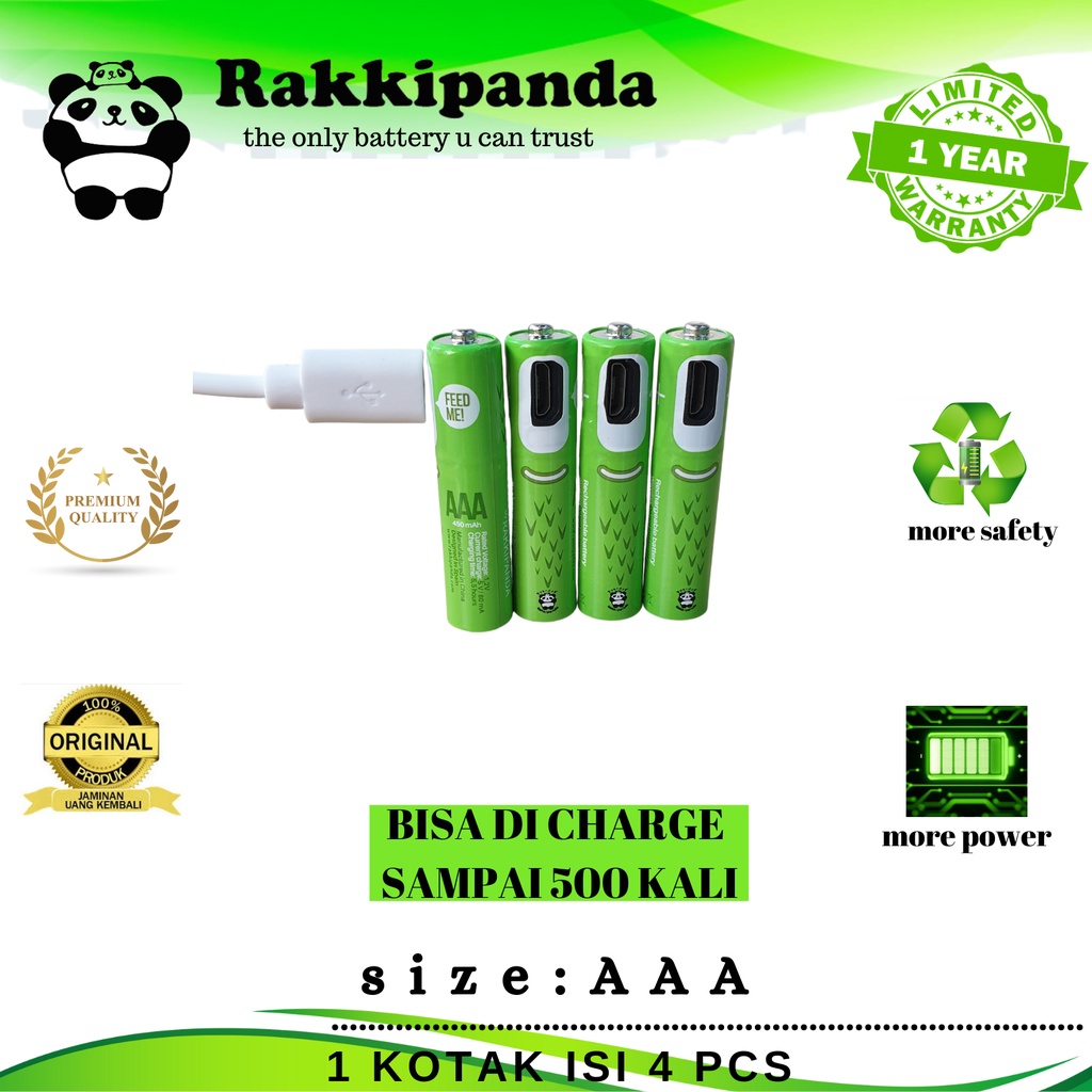 batre battery cas casan rakkipanda baterai AAA cas ulang isi 4pcs micro usb original