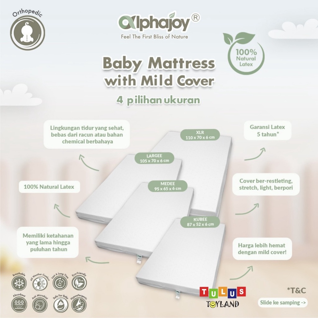 Alphajoy Baby Mattress Mild Cover kasur bayi 100% Natural Latex 95 x 65 size 105 x 70 uk 110 x 70 matras 120 x 60 cocok box baby joie babyelle nuna pliko right start little equi busa lateks ranjang kayu anak bedding alas tidur
