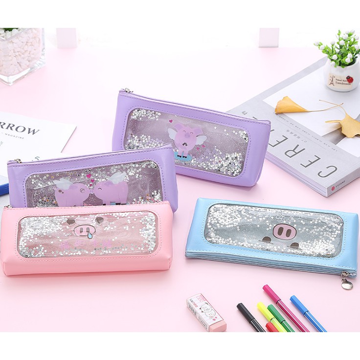 Tempat Pensil GLITTER Goyang MEDIUM Gambar BABI PIGGY Lucu / Tempat Alat Tulis Karakter BABI GLITER