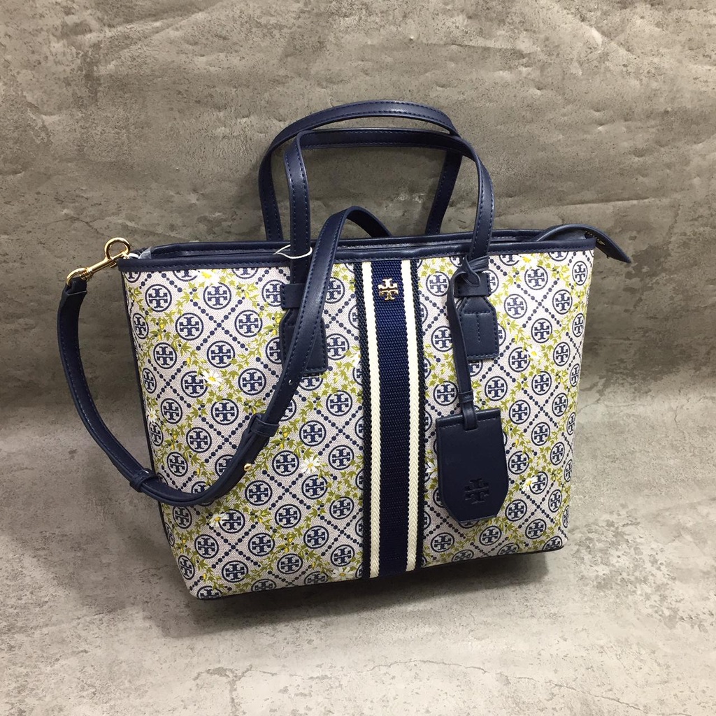 Tory Burch T Monogram Top-Zip Floral Vine Small Tote Bag