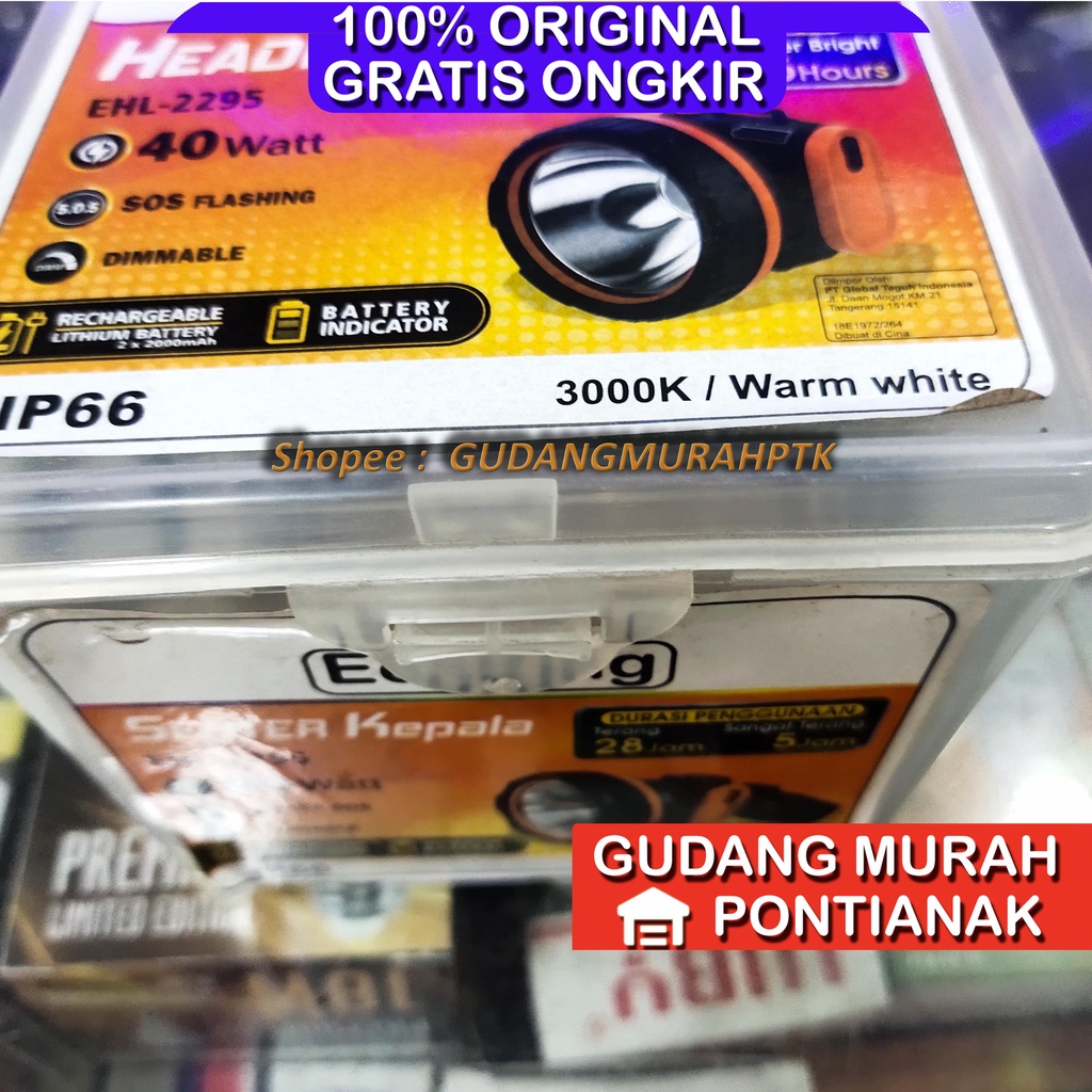 Senter Kepala 40watt ECOKING JUMBO dengan Indikator Baterai di body Headlamp head lamp lampu senter kepala 2295