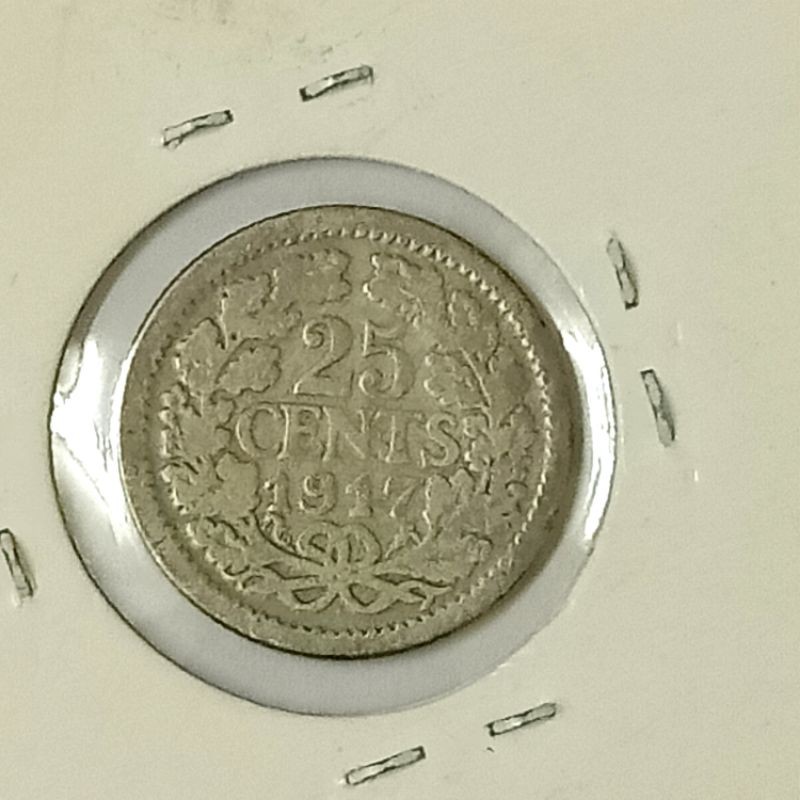 KOIN PERAK 25 CENT WILHELMINA MANTEL 1917 ASLI SILVER