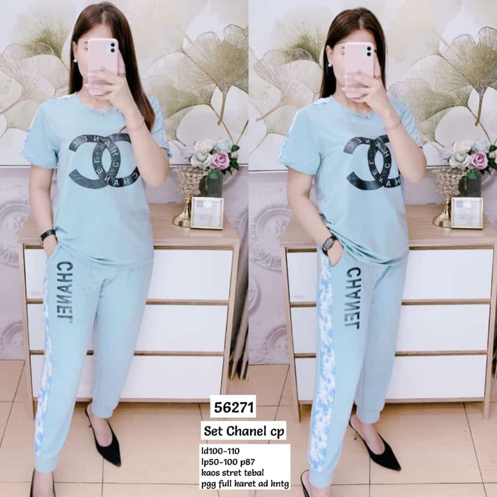 SETELAN KAOS OBLONG+CELANA PREMIUM IMPORT WANITA KOREA BANGKOK MURAH CHANEL 56271
