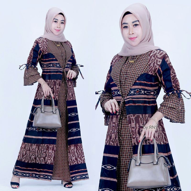 Dress Batik - Gamis Batik Kombinasi Kerah Model Jazz Tali Serut Pita - Maxi Batik Kombinasi