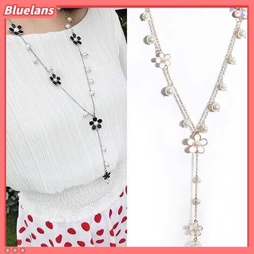 Bluelans Kalung Rantai Panjang Desain Bunga Mutiara Tiruan Gaya Korea Untuk Wanita
