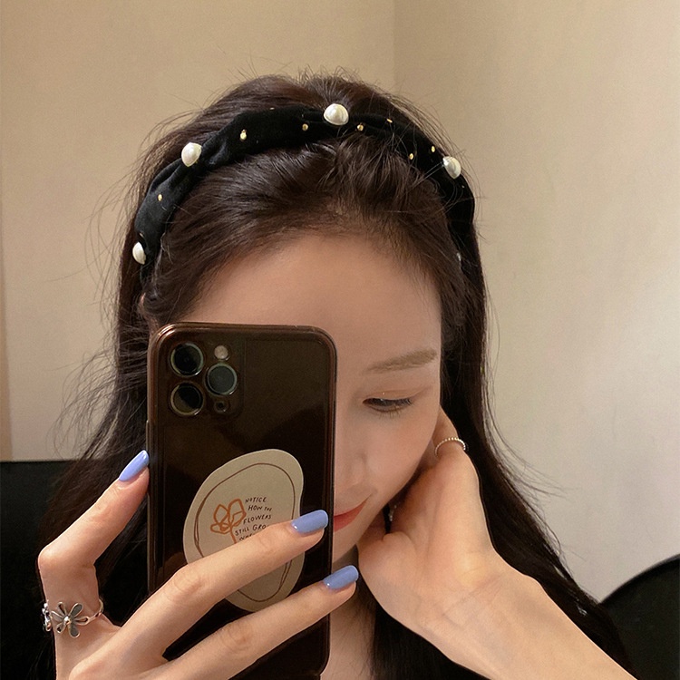 BANDO KAIN MOTIF POLKA DOT MUTIARA ELEGAN KOREAN STYLE BANDANA KOREA HITAM POLOS BEADED HEADBAND PEARL PESTA HIGH-END BENDO PESTA FORMAL