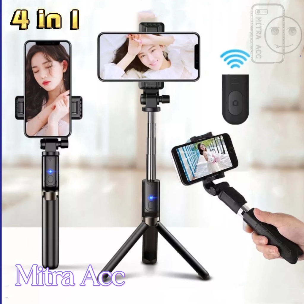 Tripod Bluetooth Tripod 4in1 Selfie Stick Remote Tongsis Action Cam Black