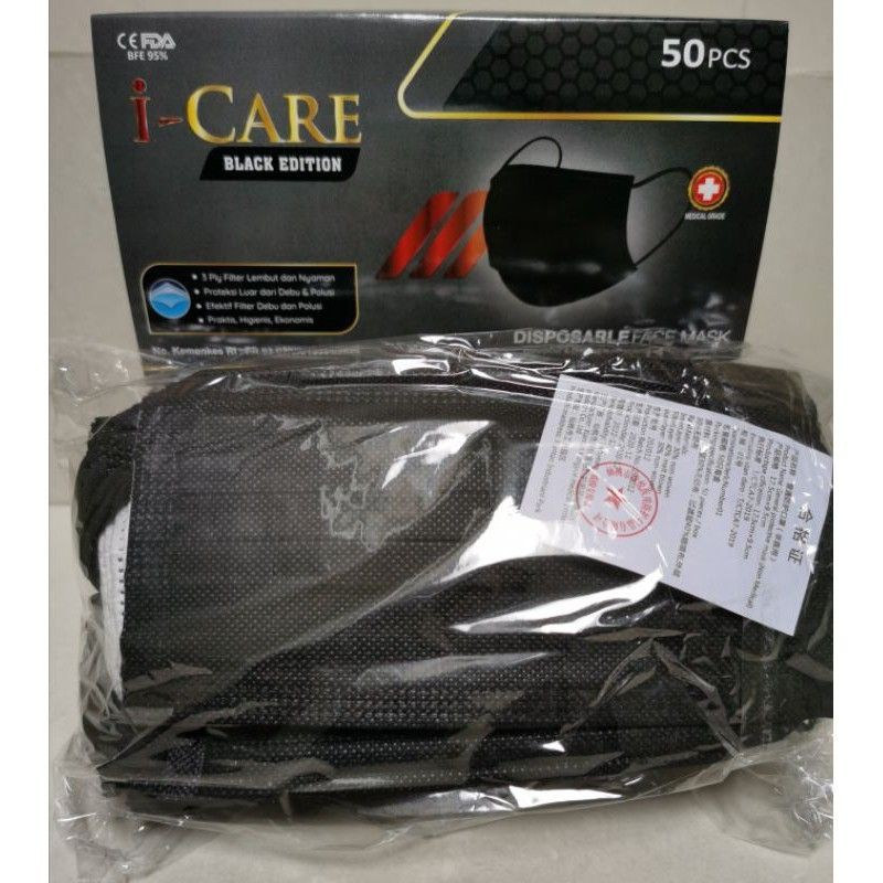 Masker 3ply hitam dalam putih earloop