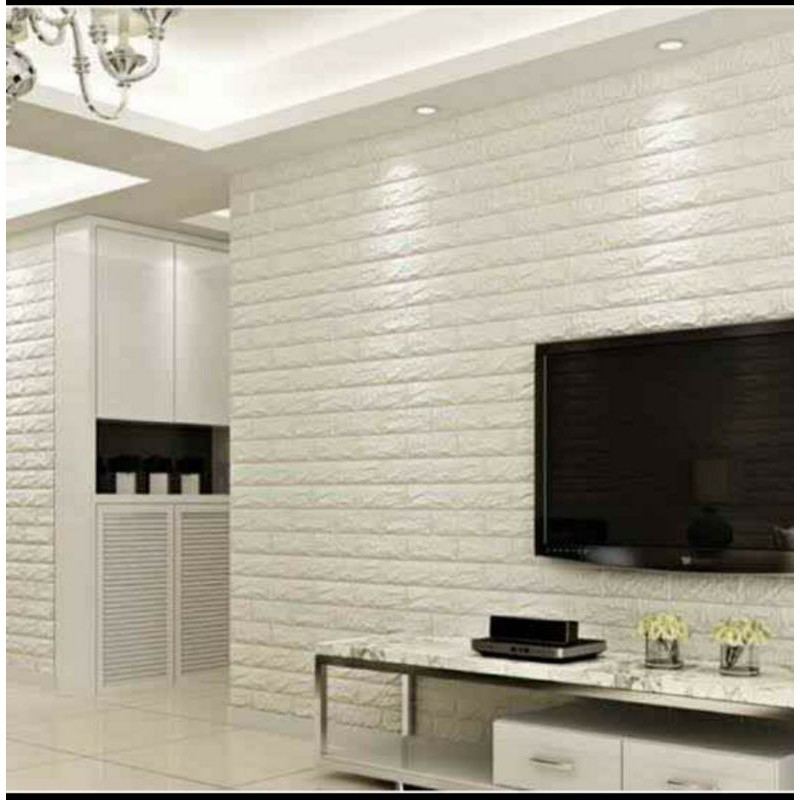 wallpaper dinding 3D foam motif bata warna putih