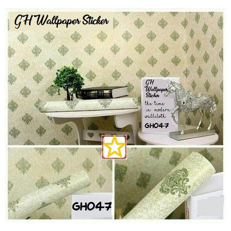 (COD) Gudang Wallpaper Stiker Dinding  Walpaper dinding Kamar Tidur  Wallpaper Promo Benang Hijau Bahan PVC Premium (SUDAH ADA LEM)