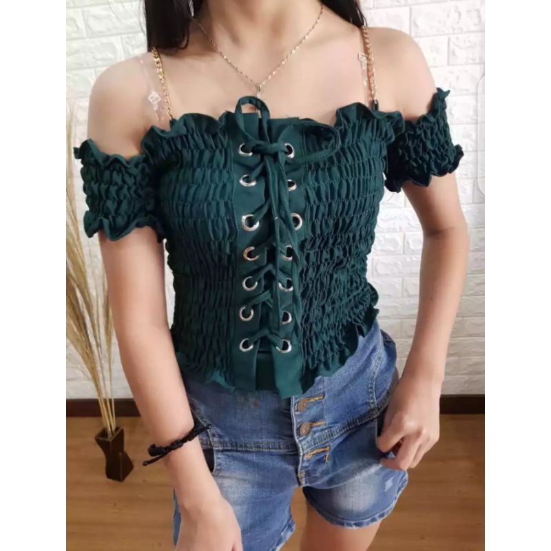 sabrina crop/sabrina tali rantai/blouse sabrina/atasan sabrina