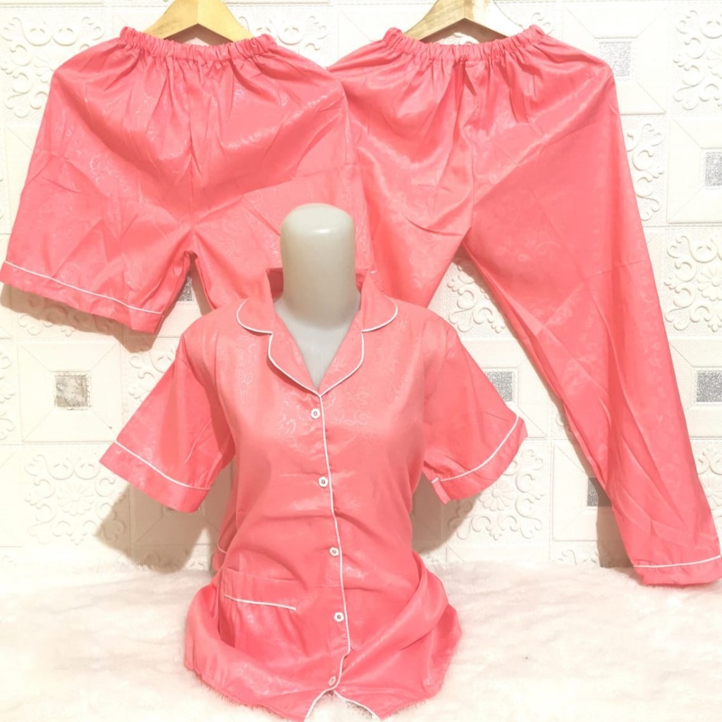 ISANNY PIYAMA SET 3IN1 SIZE.XL/PIYAMA SATIN EMBOS 3 IN 1/WARNA TERBANYAK/READY STOK/REAL PICT-SALEM