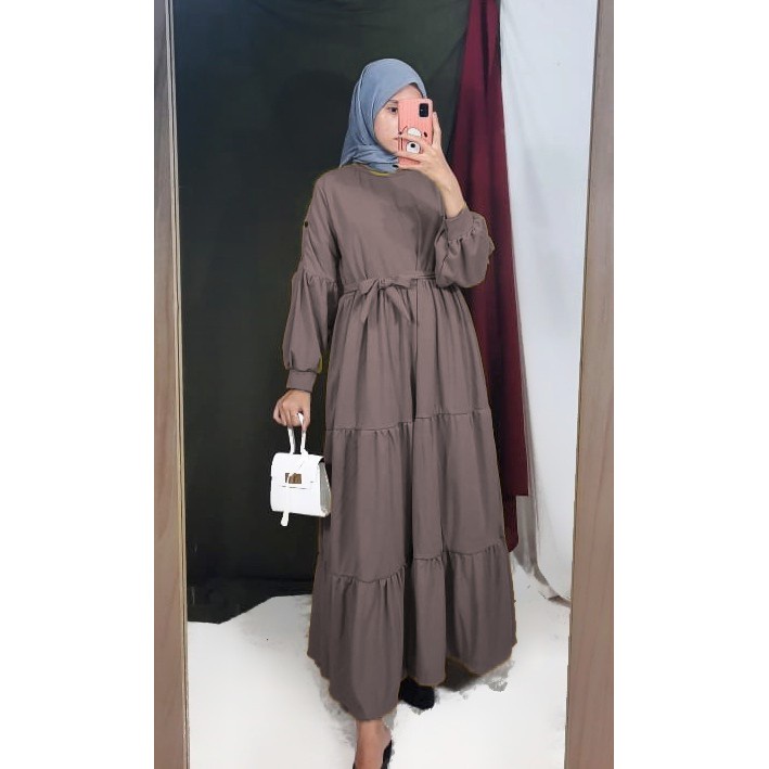 Gamis Wanita Lengan Panjang Fashion Muslim Devi Fit  L-XL Lingkar Dada 100cm Panjang 130cm-Devi Button Cokelat